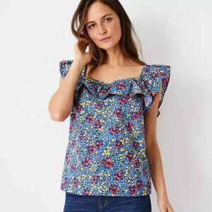 Ann Taylor Floral Hibiscus Ruffle Sleeveless Square Neck Blue Tank Top